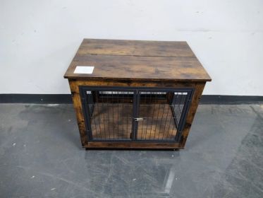 Furniture Style Dog Crate Side Table on Wheels with Double Doors and Lift Top. Rustic Brown, 31.50'' W x 22.05'' D x 25'' H.